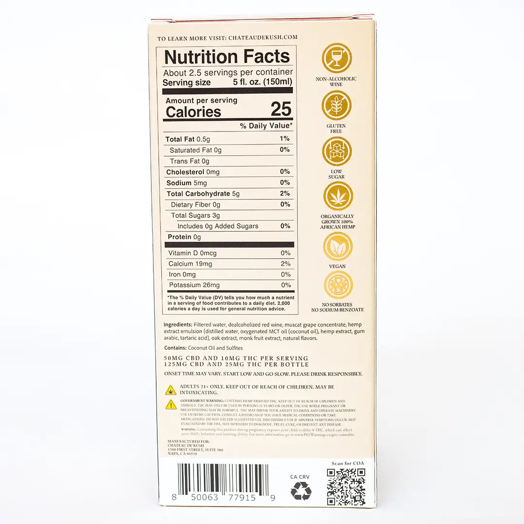 Back of Liberta box listing ingredients – California grapes, organic African hemp, vegan and gluten-free