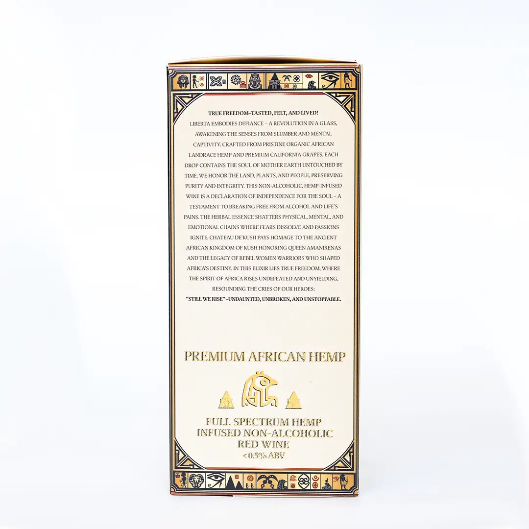 Side of Liberta packaging box showing product description of hemp-infused non-alcoholic red wine