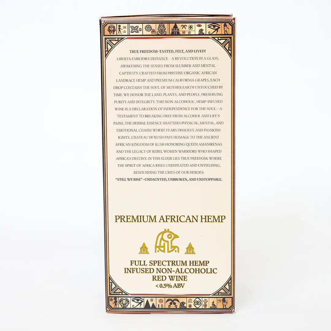 Side of Liberta “Glow” packaging box showing product description of hemp-infused non-alcoholic red wine