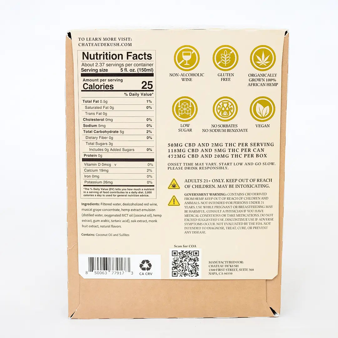 Back of Liberta Glow hemp-infused non-alcoholic red wine 4-pack box showing product composition and details