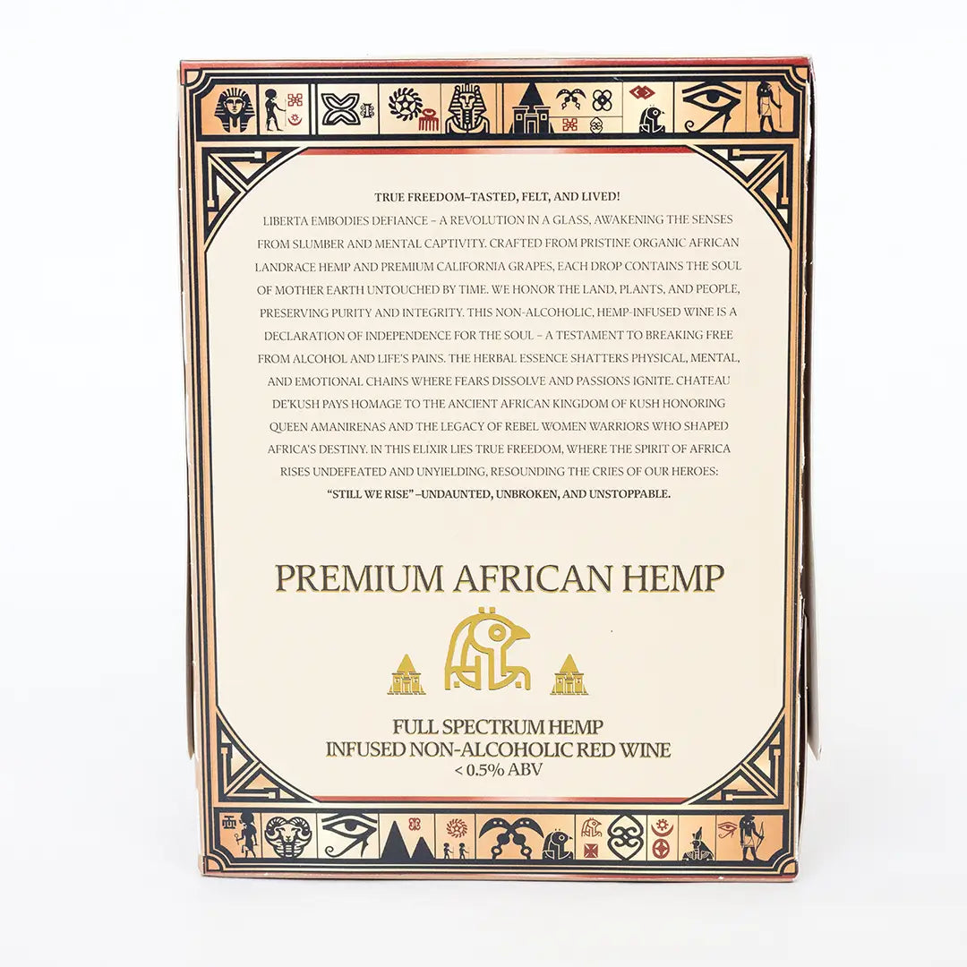 Side of Liberta Glow hemp-infused non-alcoholic red wine 4-pack box with product description