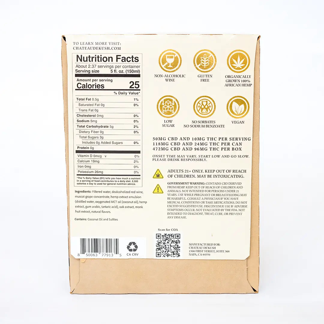 Back of Liberta hemp-infused non-alcoholic red wine 4-pack box showing product composition and details
