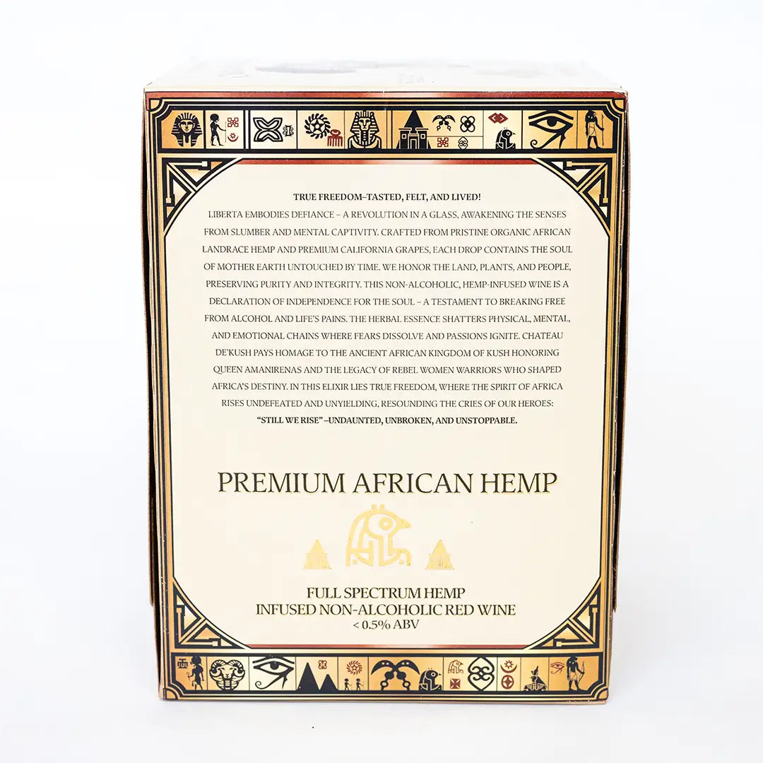 Side of Liberta hemp-infused non-alcoholic red wine 4-pack box with product description