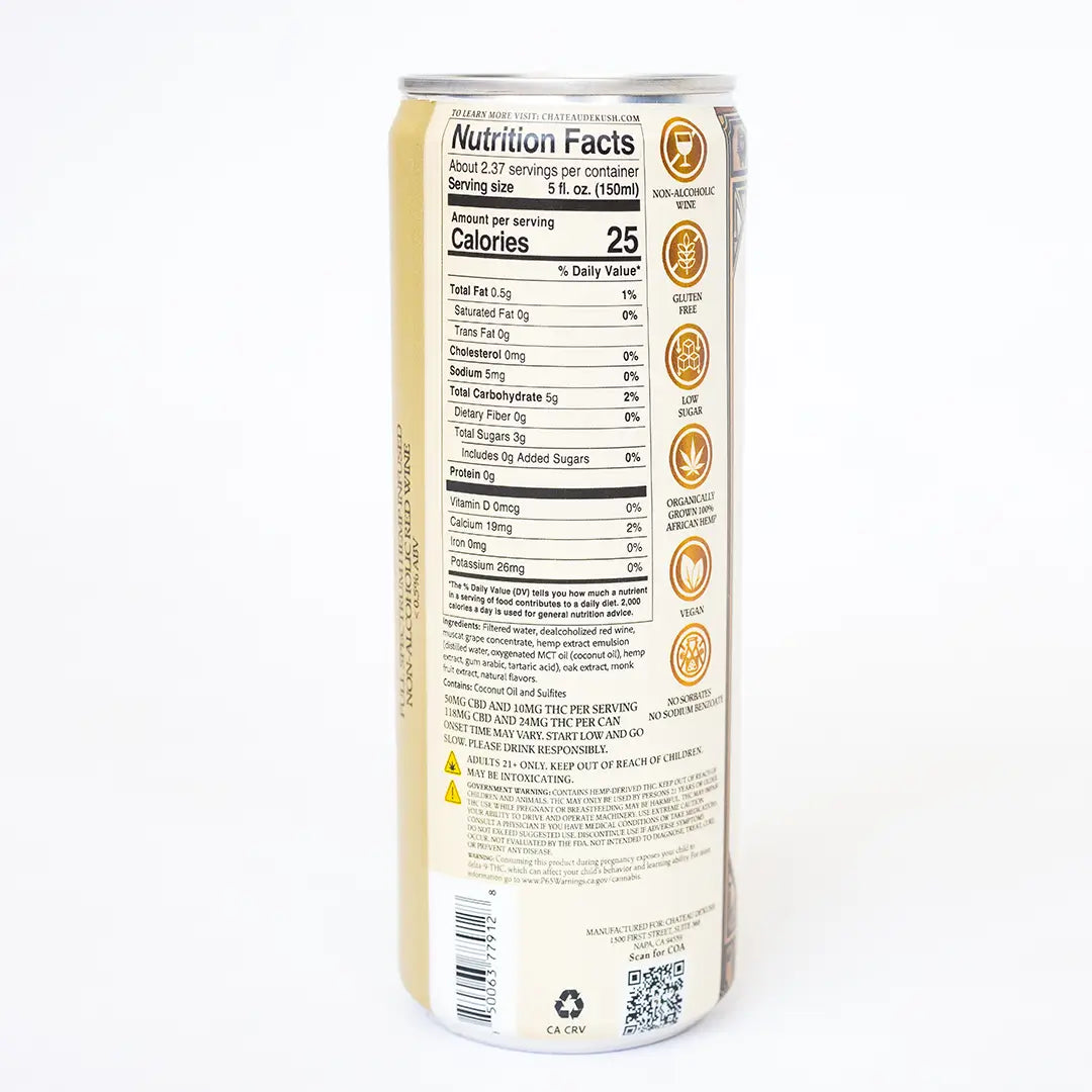 Ingredients label of Liberta hemp-infused non-alcoholic red wine can showing THC and CBD content