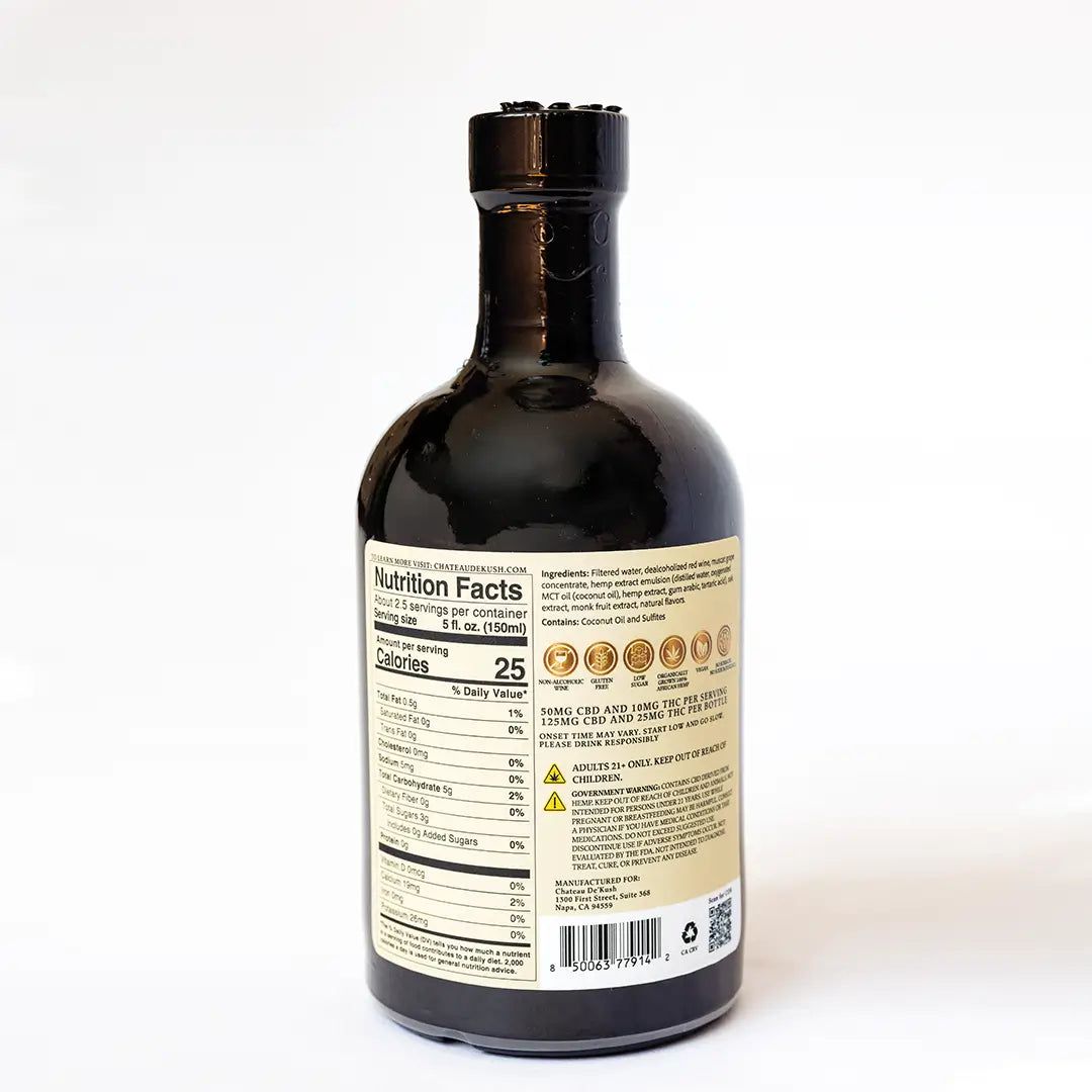 Close-up of Liberta wine label – handcrafted non-alcoholic red wine with 25mg THC and 125mg CBD