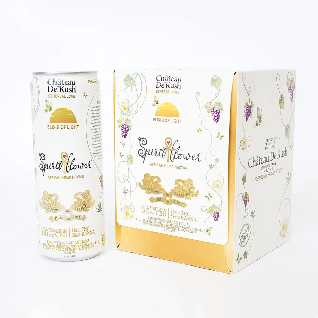 Spiritflower limited release 4 pack with cans and box – full-spectrum hemp and grape elixir